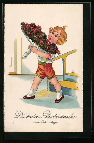 Künstler-AK Glückwünsche zum Geburtstag, Junge mit grossem Blumenstrauss