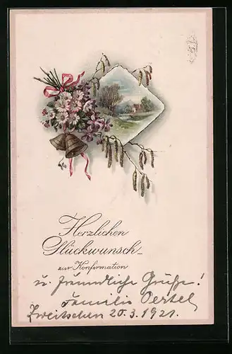 Lithographie Glückwünsche zur Konfirmation, Idyllische Landschaft mit Blumen