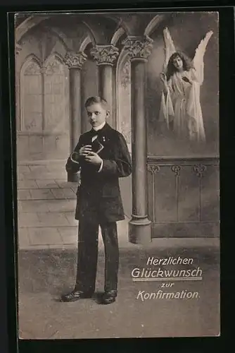 AK Glückwünsche zur Konfirmation, Junge mit Engel