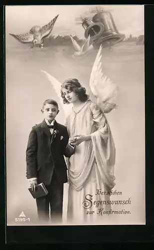 AK Junge neben Schutzengel zur Konfirmation