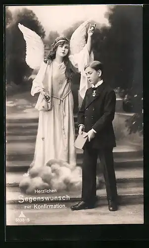 AK Junge neben Schutzengel zur Konfirmation