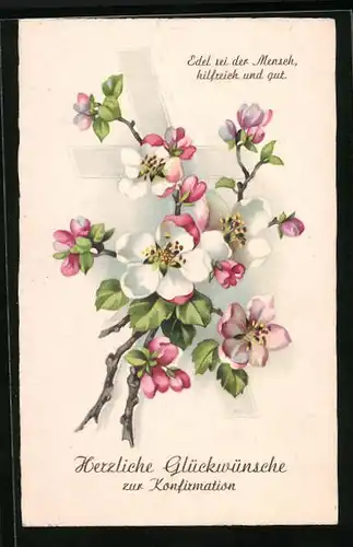 Lithographie Glückwünsche zur Konfirmation mit Kirschblüten
