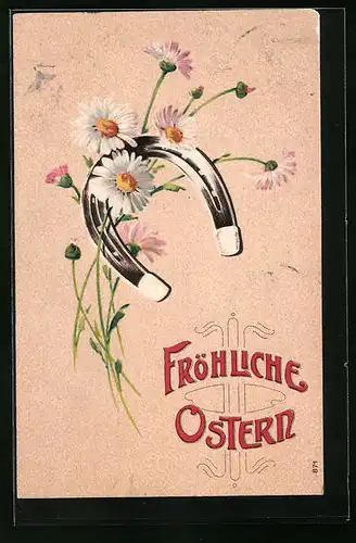 Präge-AK Frohe Ostern, Hufeisen mit Gänseblümchen