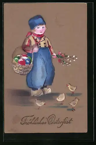 Künstler-AK Junge mit Osterküken und Ostereiern