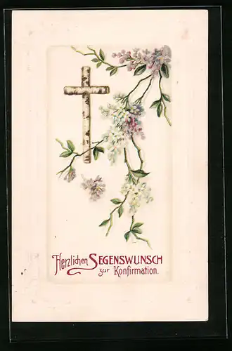 Präge-AK Segenswünsche zur Konfirmation, Kreuz mit Blüten