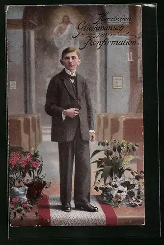 AK Glückwünsche zur Konfirmation, Junge mit Gebetsbuch in Kirche
