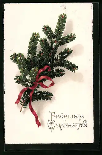 Künstler-AK Fröhliche Weihnachten, Tannenzweig mit Schleife