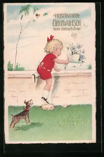 Künstler-AK Glückwünsche zum Geburtstag, Kind mit Blumenstrauss wird von einem Hund angebellt