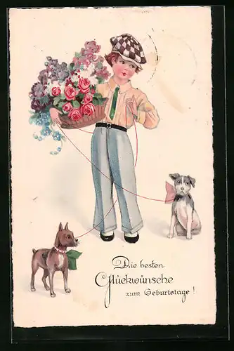 Künstler-AK Glückwünsche zum Geburtstag, Junge mit Blumen und Hunden
