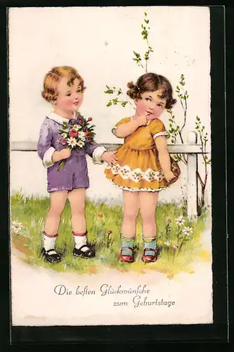 Künstler-AK Glückwünsche zum Geburtstag, Kinder mit Blumenstrauss