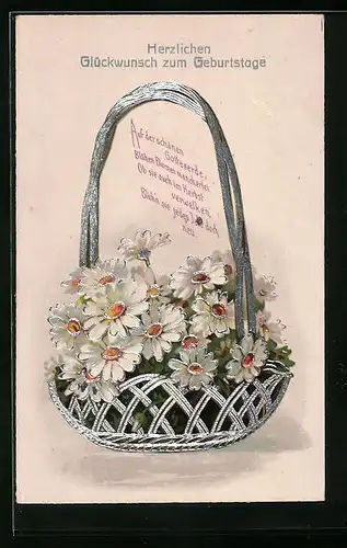 Künstler-AK Blumenbouquet im Korb zum Geburtstag