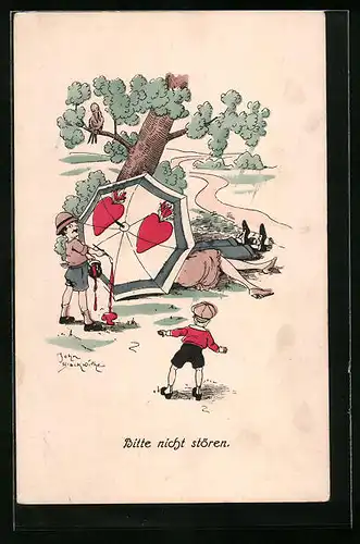 Künstler-AK Bitte nicht stören, Liebespaar unter einem Schirm mit Herzen