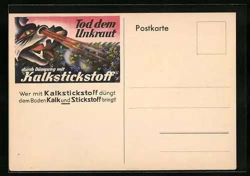 Künstler-AK Reklame Dünger, Tod dem Unkraut durch Düngung mit Kalkstickstoff