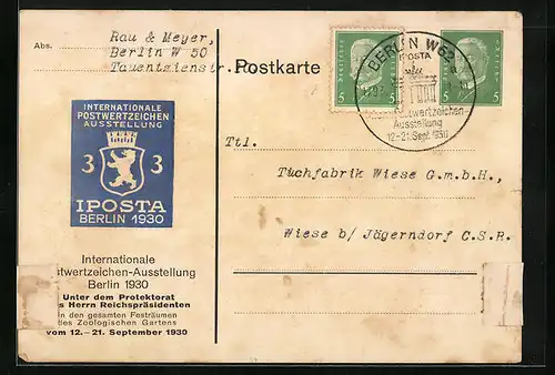 AK Berlin, Internationale Postwertzeichen Ausstellung IPOSTA 1930, Ganzsache