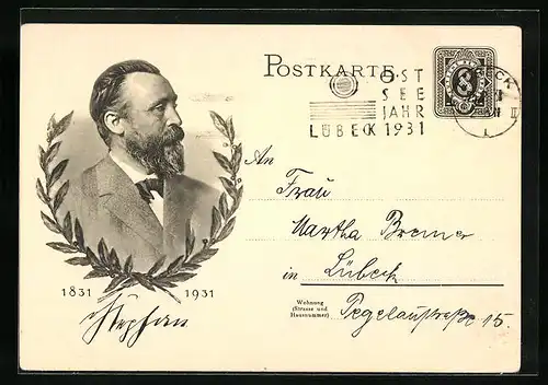 Künstler-AK Portrait Postminister Heinrich von Stephan, 1931, Ganzsache