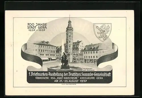 AK Gera, 1. Briefmarken-Ausstellung der Deutschen Sammler-Gemeinschaft, 1937, Ganzsache