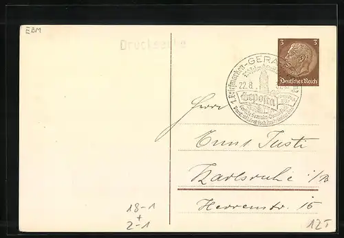 AK Gera, 1. Briefmarken-Ausstellung der Deutschen Sammler-Gemeinschaft, 1937, Ganzsache