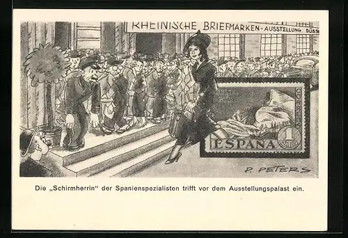 Künstler-AK Düsseldorf, Rheinische Briefmarken-Ausstellung 1936, Die Schirmherrin trifft ein, Ganzsache