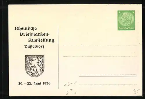 Künstler-AK Düsseldorf, Rheinische Briefmarken-Ausstellung 1936, Die Schirmherrin trifft ein, Ganzsache