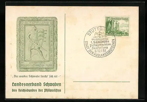 AK Stuttgart, 1. Schwäbische Postwertzeichen-Ausstellung 1938