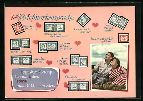 AK Briefmarkensprache mit verliebtem Paar