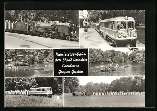AK Dresden, Pioniereisenbahn mit Carolasee und Grossem Garten
