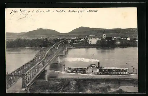 AK Mautern a. d. Donau, Ortsansicht mit Ausflugsdampfer