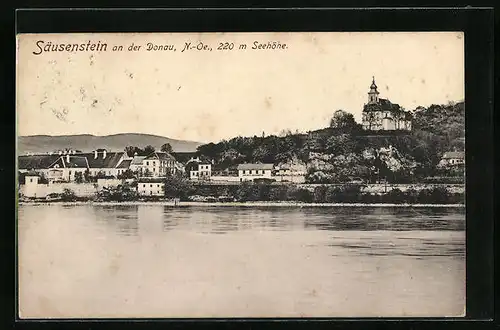 AK Säusenstein a. d. Donau, Ortsansicht mit Flusspartie