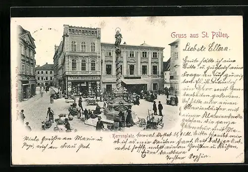 AK St. Pölten, Herrenplatz mit Geschäften und Denkmal