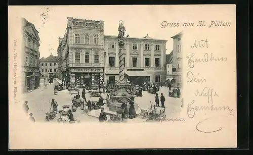 AK St. Pölten, Herrenplatz mit Geschäften und Denkmal