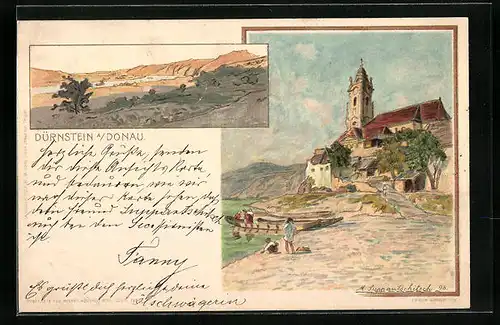 Künstler-AK Dürnstein a. Donau, Ortspartie mit Kirche, Panorama