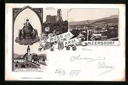 Lithographie Maria Enzersdorf, Schloss Liechtenstein, Kirche mit Gnadenbild