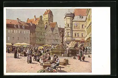 Künstler-AK Paul Hey: Aus einer alten deutschen Stadt - Marktgeschehen am Brunnen