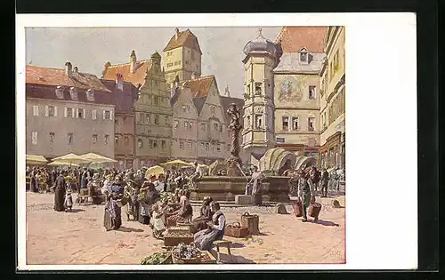 Künstler-AK Paul Hey: Aus einer alten deutschen Stadt - Marktstände am Brunnen