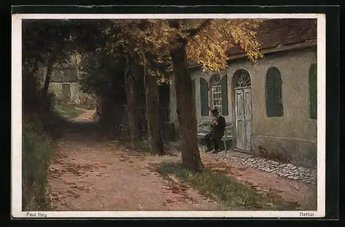 Künstler-AK Paul Hey: Herbst für alten Mann auf Bank vor dem Haus
