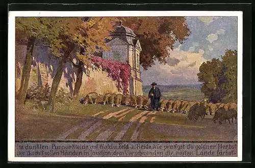 Künstler-AK Paul Hey: Schäfer mit Herde im Herbst