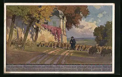 Künstler-AK Paul Hey: Weidende Schafherde im Herbst