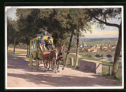 Künstler-AK Paul Hey: Auf der Fahrt mit Postkutsche
