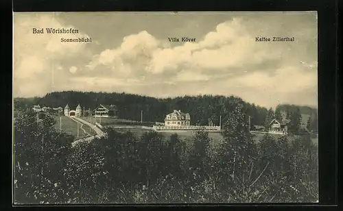 AK Bad Wörishofen, Ortspartie mit Sonnenbüchl, Villa Köver, Kafee Zillerthal