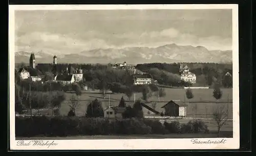 AK Wörishofen, Teilansicht vor Bergpanorama