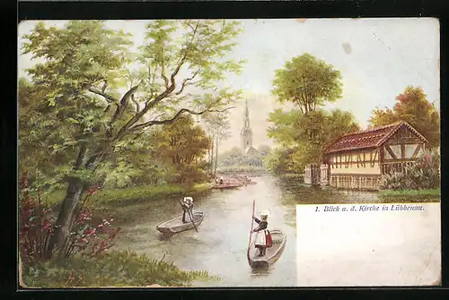 Künstler-AK Lübbenau, Blick auf die Kirche, Spreewälderinnen in Kähnen