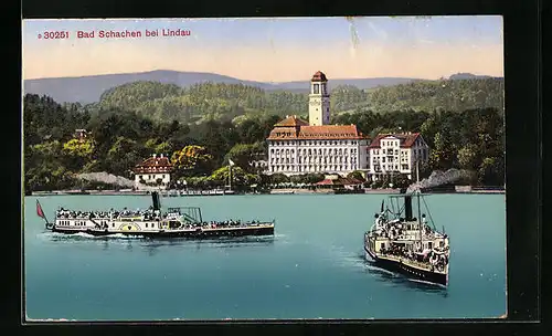 AK Bad Schachen b. Lindau, Teilansicht mit Bodenseedampfern