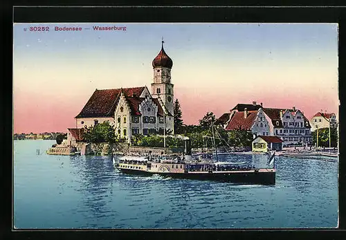 AK Wasserburg /Bodensee, Uferpartie mit Kirche und Dampfer