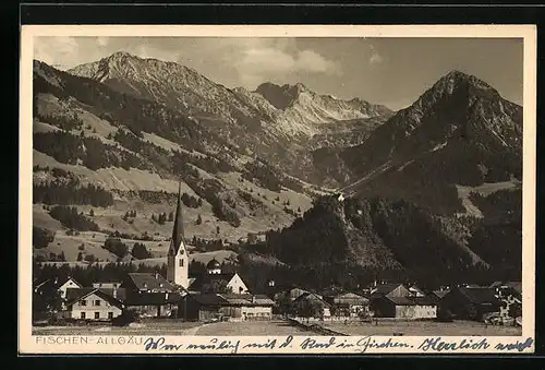 AK Fischen /Allgäu, Totalansicht mit Kirche und Gebirgspanorama