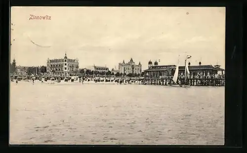 AK Zinnowitz, Blick auf Ort mit Strand und Brücke