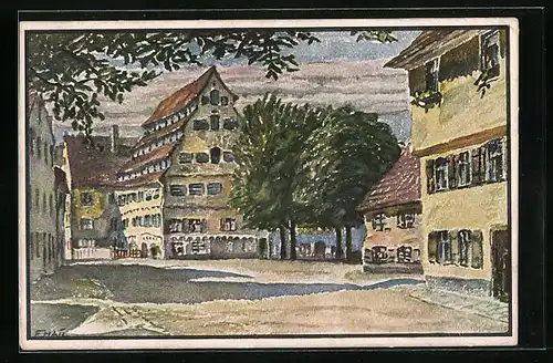 Künstler-AK Memmingen, Gerberplatz mit Sieben-Dächerhaus