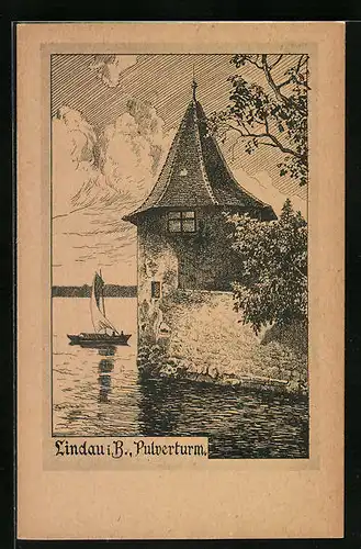 Künstler-AK Lindau i. B., Pulverturm mit Segelboot