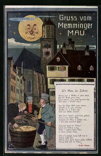 Künstler-AK Memmingen, Herren fischen nach Mau im Zuber, Gedicht