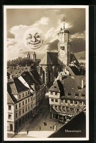 Künstler-AK Memmingen, Ortsansicht mit lachendem Mond