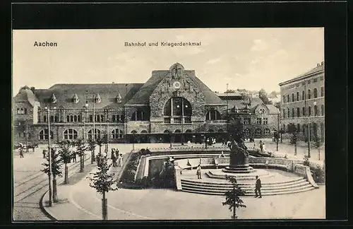 AK Aachen, Platz vor dem Bahnhof, Kriegerdenkmal